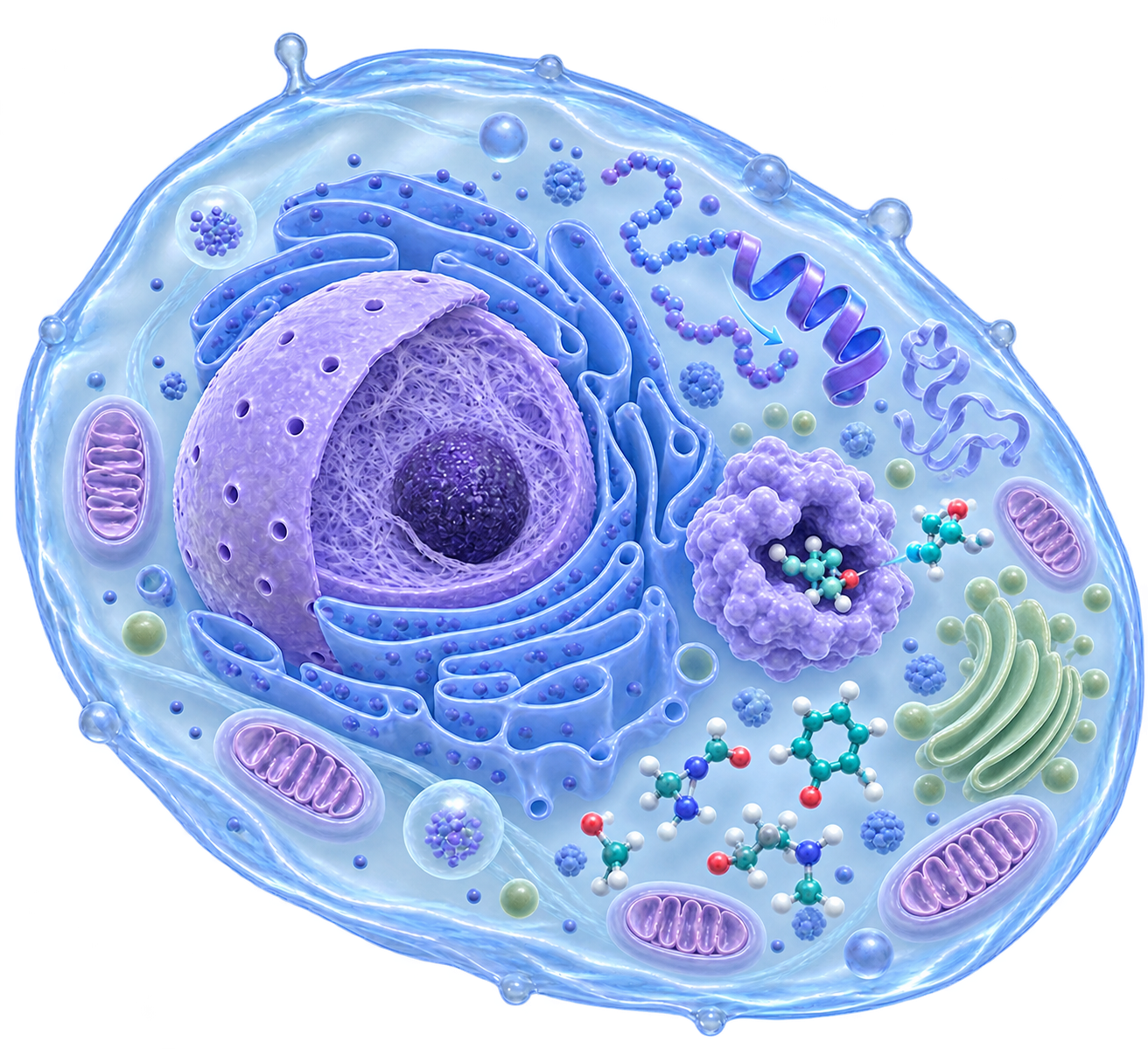 Cutaway cell with protein folding in the upper cytoplasm, drug binding to a protein pocket in the middle, and small molecules dispersed below.